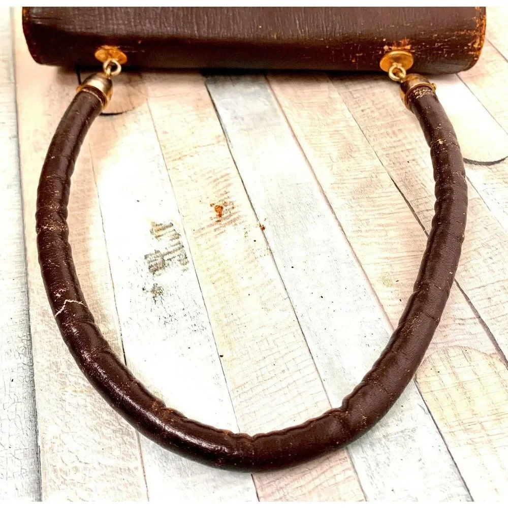 VINTAGE BROWN GENUINE LEATHER TURN LOCK FLAP TOP HANDLE HANDBAG PURSE